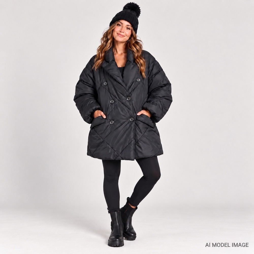 Free People Ella Puffer Coat Women's L Black Longline Double Breasted Quilted